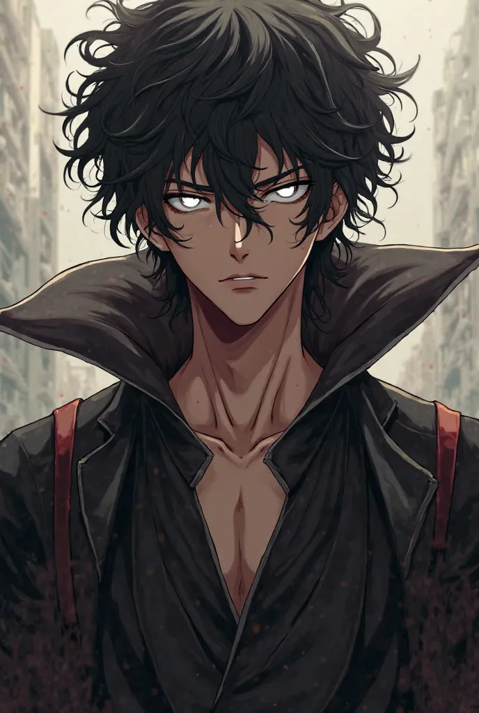 Create a Male Character, With Black and Brown Clothes and Tall Curly Hair 1,80 White Eyes. anime version