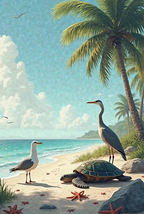 Lonely Seagull standing near a fish bone, a faraway look of a sea turtle, a heron, two coconut trees, star fish , sand and stones some grass.