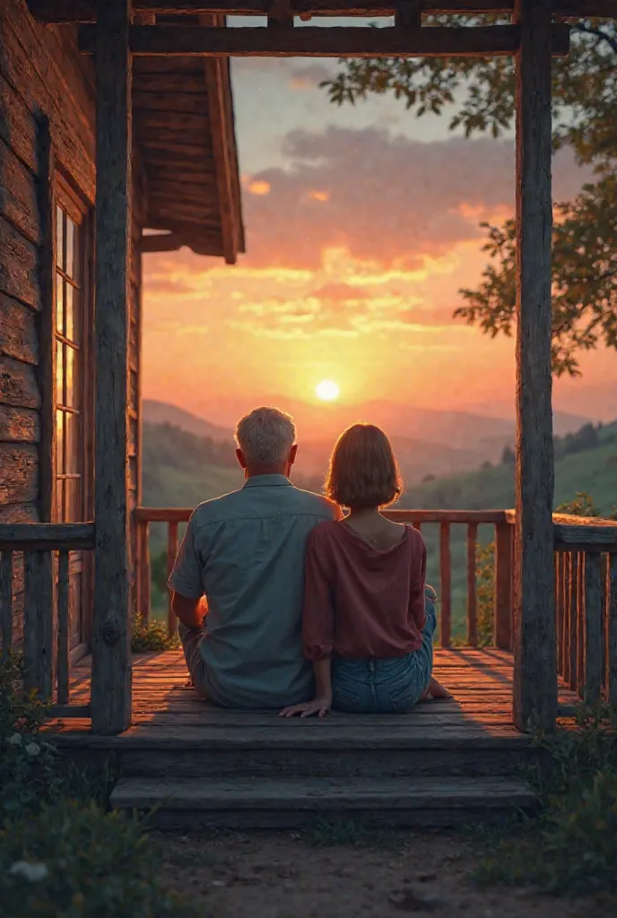 House brown man and black woman watching the sunset from the porch of a simple little house