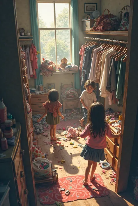 A girl's room, with his family rummaging through drawers and going through the closets, searching every corner 