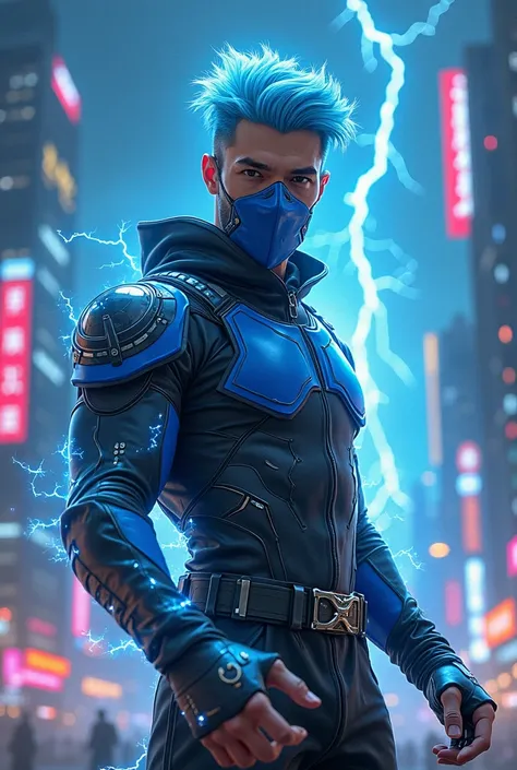 A techy muscular male ninja representing the Aquarius sign, wearing a neon blue and black costume made of shiny and futuristic material. He throws energized discs into the air, leaving a trail of pulsating blue electricity with shoulder pads,  Showing the ...