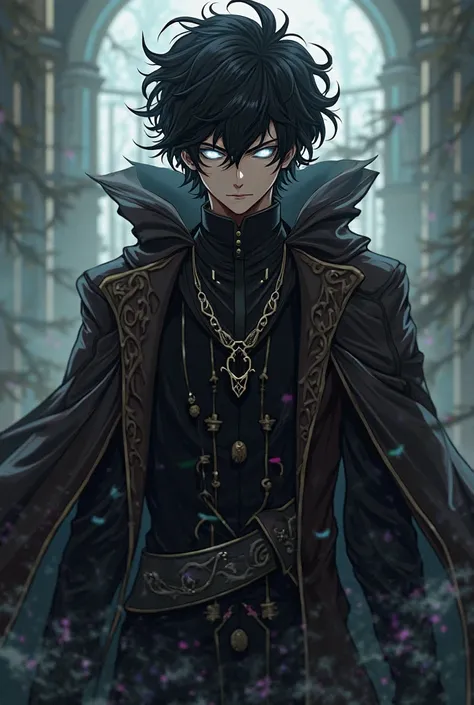 Create a Male Character, With Black and Brown Clothes and Tall Curly Hair 1,80 White Eyes, And Black Cloaks With Black Aura. anime version 