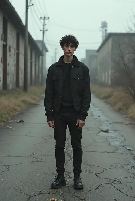 Create bassist and vocalist on asphalt in a deserted place, Does he have short black curly hair, Light eyes thin weighing approximately 75 kg front image 
