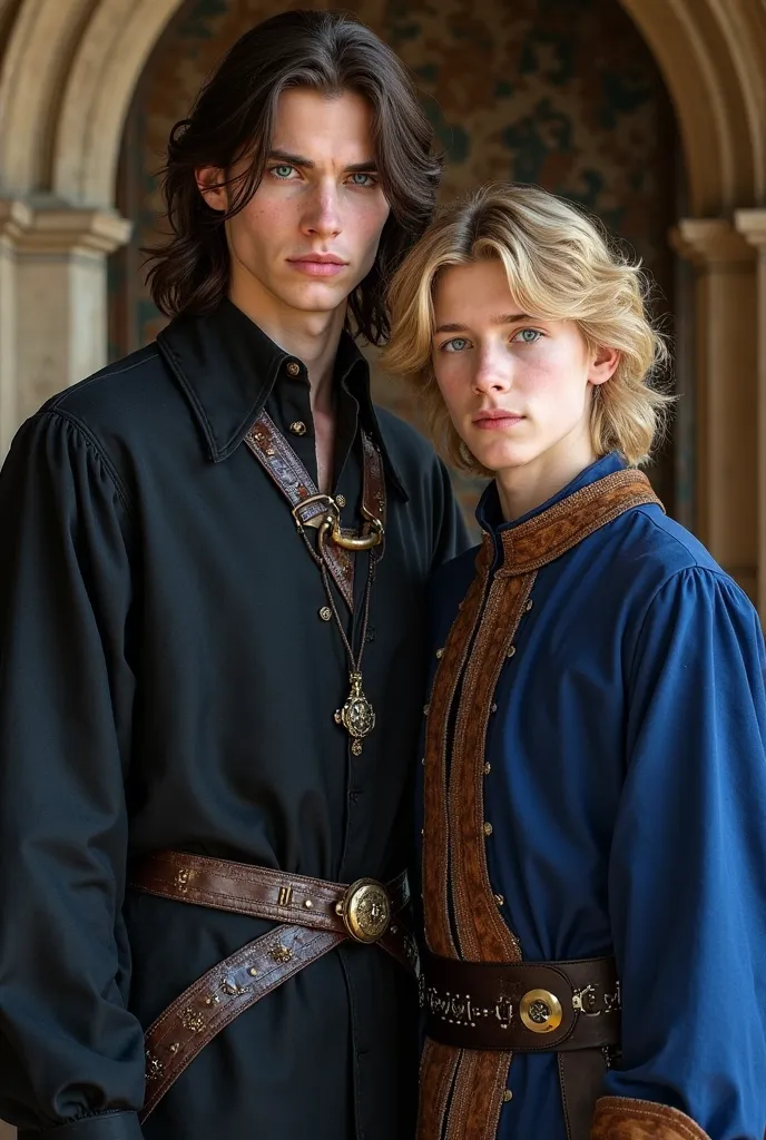 Two young men, brothers, but not quite, one taller with longish dark brown hair and piercing blue eyes,blue eyes like fire, a defiant smirk. The shorter one with pale blue eyes and blond hair and a warm smile. Dressed in medieval style noblemen's clothes. ...