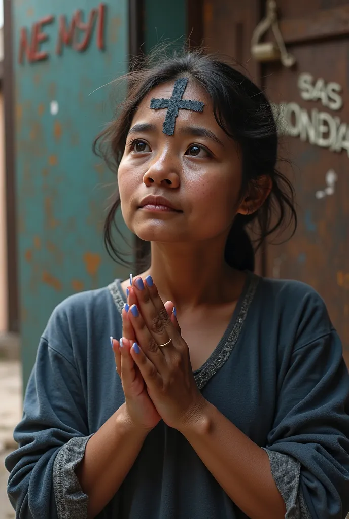 a , humble but not poor, blue nail polish, with a cross made of ash on your forehead, Hands folded as if praying, In the back you can see a sign that says Ash Wednesday, That the sign is in Spanish