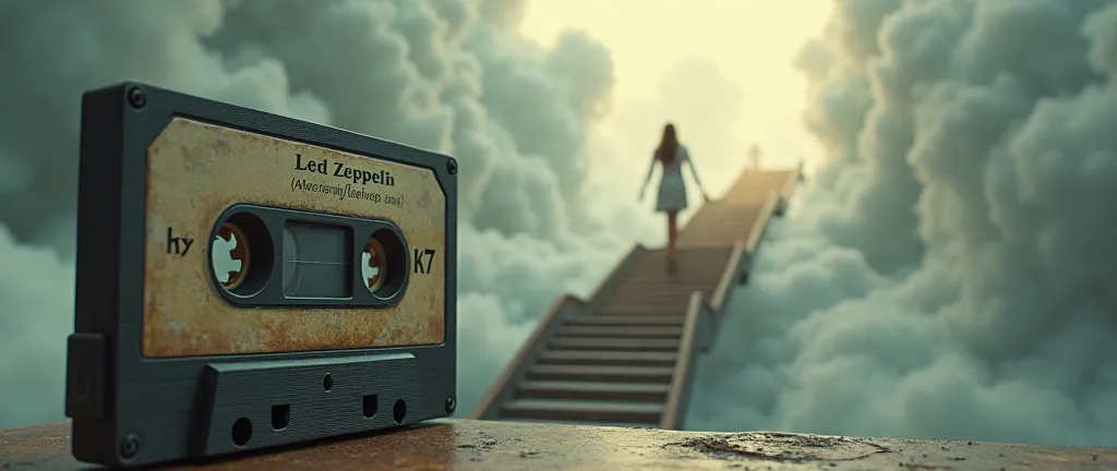  K7 audio tape, old,  written "Led Zeppelin" Lens In the foreground. Blurred background of a staircase, in the clouds,  On the way to heaven ; A woman climbing the stairs 