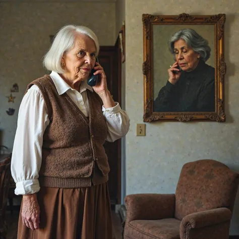 Create a photo divided into 2 frames. In the first picture, an elderly Latin woman, 79 years old, fat, with wrinkled skin, has straight white hair, a white blouse, and over it a brown wool vest and a brown skirt. She is standing talking on the phone. In th...