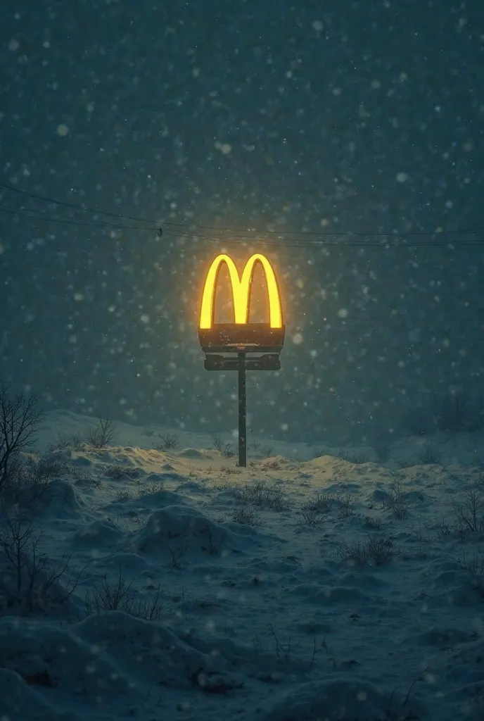 Can you mame an image of a dark snowy night with nothing in frint being visible but a McDonald's sign