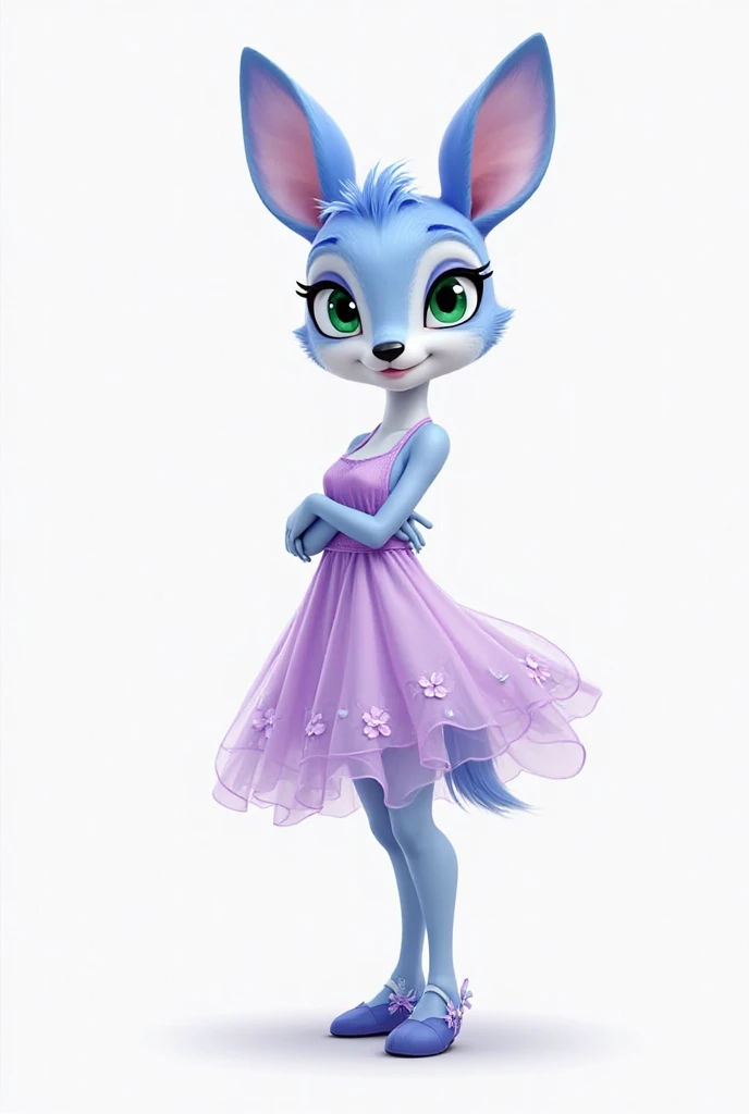 Fawn is an anthropomorphic deer-like character, with lilac and blue fur in a soft and vibrant shade, with details that capture the fluidity of her identity. Her large and expressive eyes are deep green, conveying serenity and understanding. She wears a flu...