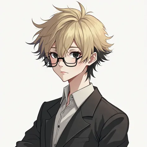 short blonde to black Fluffy Middle Swept Hair style hair, black eyes, white skin color,  nerd glasses, anime men, young man traces, poker face