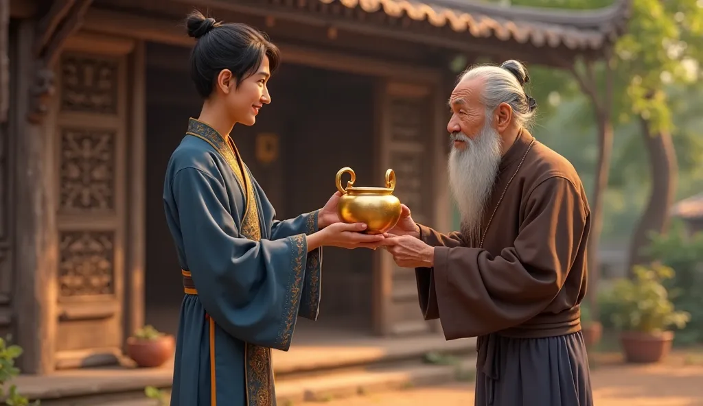 "In front of a wooden house, a young Vietnamese man (20-25 years old, slim but strong build, round face, high cheekbones, bright determined eyes, slightly tanned skin) stands with a respectful smile, offering a small golden pot to an elderly Vietnamese man...