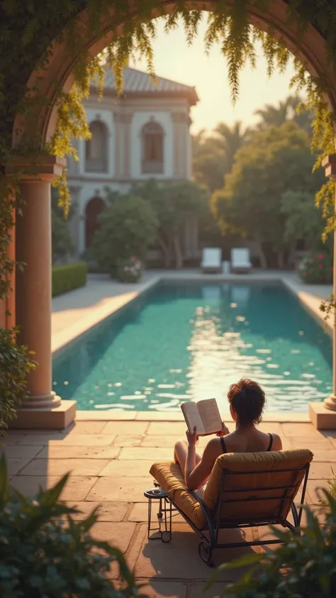 Hands holding a book or tablet while relaxing on a lounge chair by the pool of a mansion, with the sunlit water glistening._
