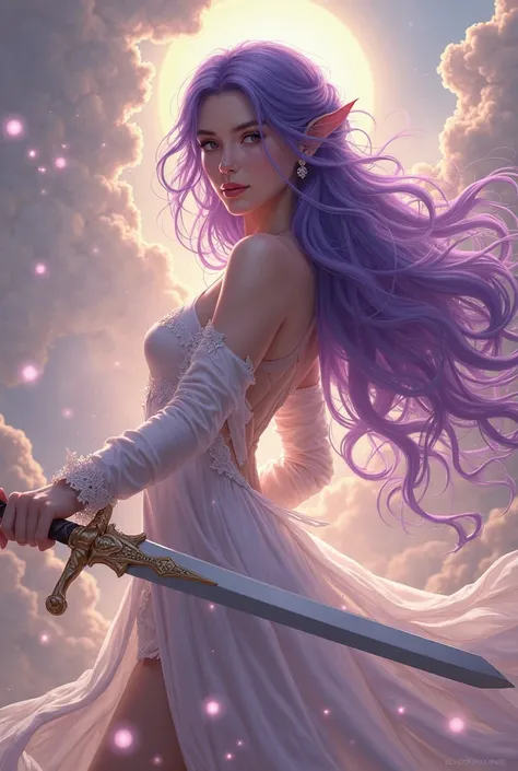 a cute woman with long purple hair with a sword