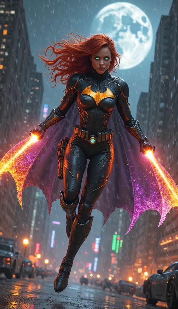 Design a hyper-realistic fusion of Starfire and Batman—a sleek, feminine warrior blending cosmic energy and stealth tech. Retain Starfire's unmasked face (inspired by Anna Diop’s likeness) with glowing neon-green eyes, a toned, busty physique showing subtl...