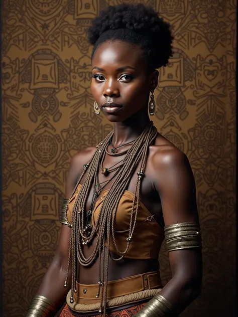 A strong and determined African woman, warrior, dressed in traditional costumes inspired by Angolan culture. She wears long and detailed beaded necklaces, adorning her neck and chest, with metal bracelets on her arms. Her outfit is a combination of rustic ...