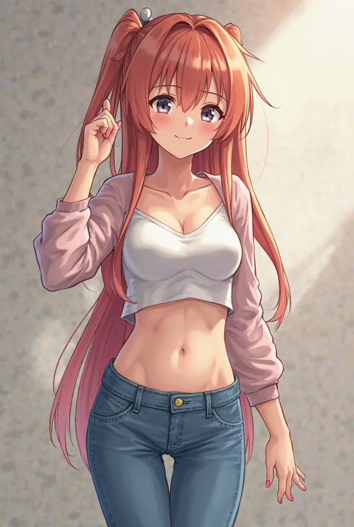 Anime girl does not wear any shirt and wears jeans with her breasts exposed 