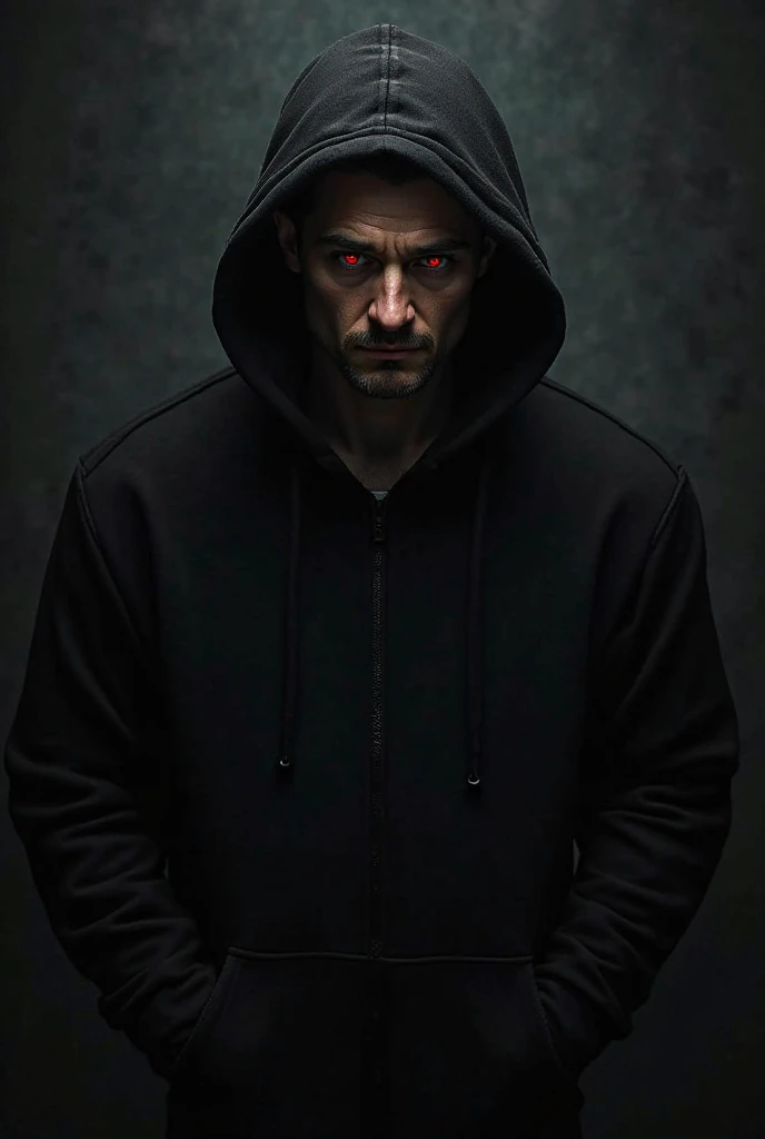 Create a black-haired man with red eyes in a black outfit wearing a black hoodie