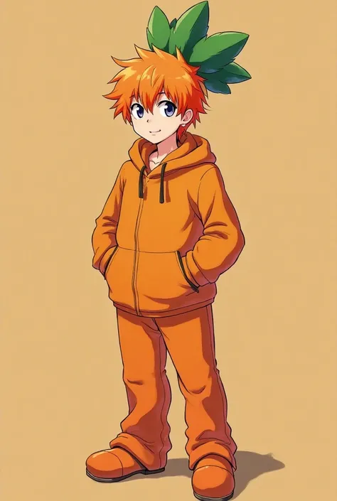 Human disguised as a carrot, But humanized version, That is not a costume, if not him having orange hair, dressed in orange and with the odd green detail that matches the aesthetics of a carrot, Make it attractive and anime version