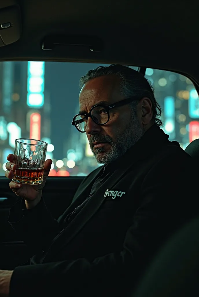 Sitting in the backseat of a car at night, a mafia father in his 30s, with a glass of whiskey in his hand, wearing black glasses and a black suit, with the word AVENGER written on it 