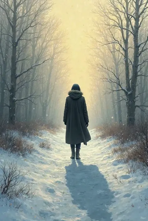 A person in the cold winter, finding his eternal summer, showing his silhouettes of his shadow and not his face