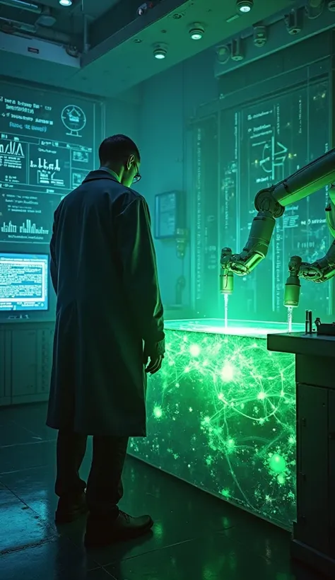 A scientist in a dark lab coat stands over a glowing green substance in a futuristic laboratory. The liquid pulses with energy, casting eerie reflections on the walls. Robotic arms assist in the experiment, and holographic screens display cryptic equations...