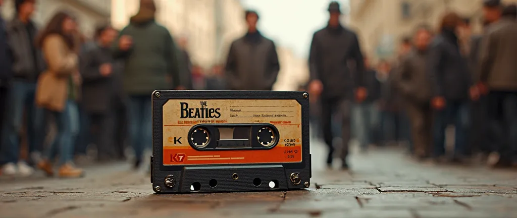 Old K7 audio tape, with "Beatles" written in the foreground. Blurred background with a crowd behind Sgt. Pepper's Lonely Hearts Club Band