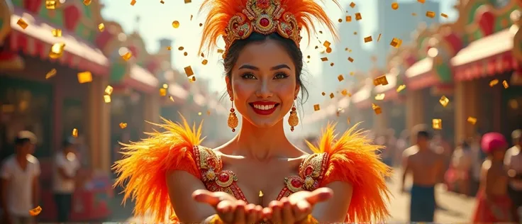 create a realistic, cinematic image of a woman in a carnival costume looking at the camera and blowing confetti that is in her hands, she is happy