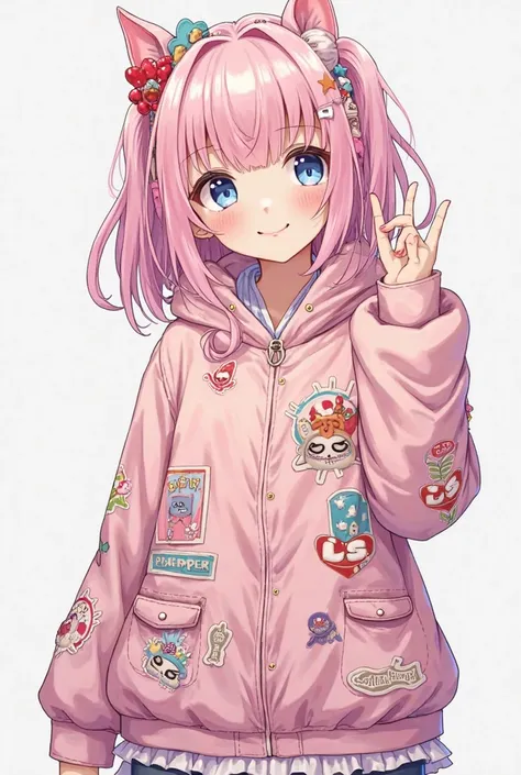 cute anime girl with light pink hair, with many different hairpins, with detailed  clothes in light pink pastel colors, with all sorts of patches on her body. full-length