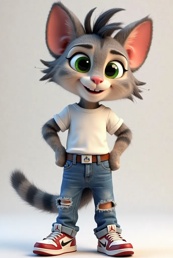 ** *"A 3D mascot character of a feline (Cat) adolescent anthropomorphic, friendly, Charismatic and Happy.  wearing a three-dimensional , slightly leaning forward with spiky hair.  dressed in a t-shirt , ripped blue jeans with knee details and Air Jordan sn...