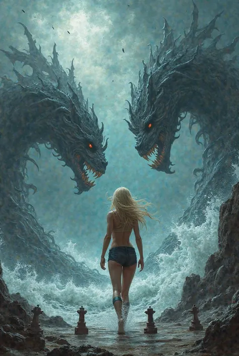 Beautiful blonde girl posture sexy Amazon-like clothing 18 years old playing chess with a typhoon monster Scylla and Caribdis