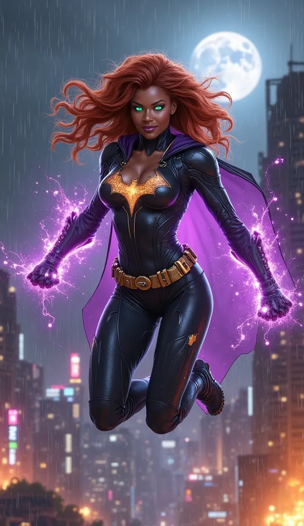 Design a hyper-realistic fusion of Starfire and Batman—a sleek, feminine warrior blending cosmic energy and stealth tech. Retain Starfire's unmasked face (inspired by Anna Diop’s likeness) with glowing neon-green eyes, a toned, busty physique showing cleav...