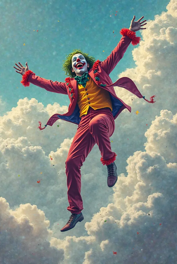 Joker jumping in the clouds all happy in carnival clothes 