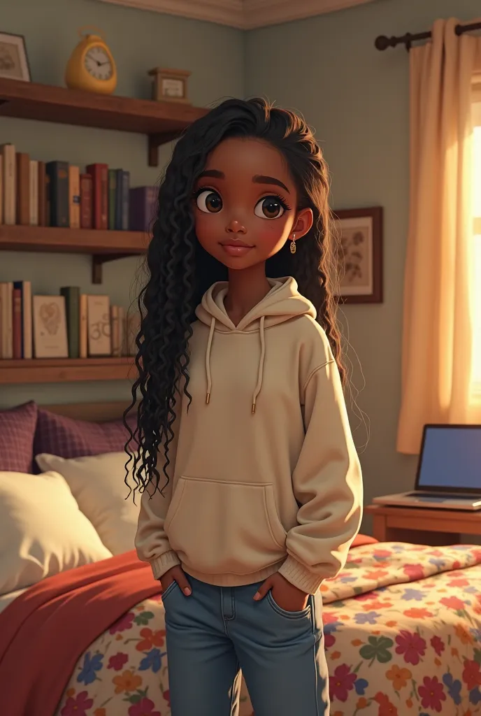 A  African American girl with soft brown skin, standing in a warmly lit bedroom. She wears a casual school hoodie and jeans. Her long braided hair falls neatly over her shoulders, and she has youthful facial features with almond-shaped eyes and full lips. ...