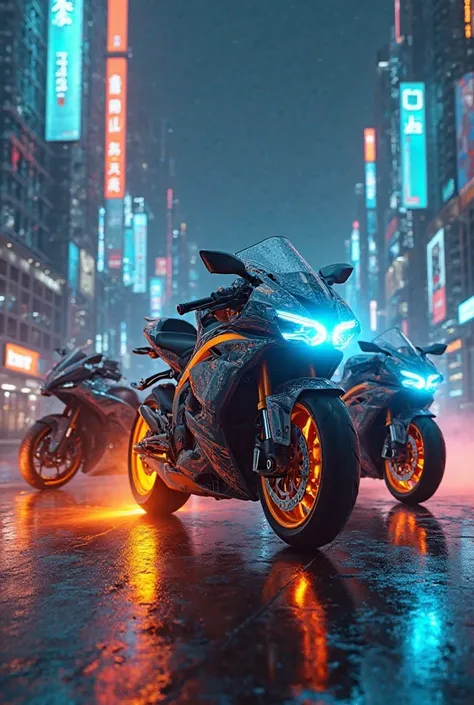 Ultra-detailed futuristic motorcycle lineup, Ferrari Barracuda hyperbike at center glowing with neon blue exhaust flames, Yamaha R1-Z hovering with holographic speedometer showing 220mph, Honda CB400 Super Four with glowing golden rims, BMW R1300GS climbin...