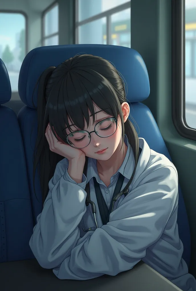 A medical student girl with, glasses bangs her eyebrows and her hair in a ponytail with an oval face, who is tired and sleepy sitting with her head supported inside a minibus 