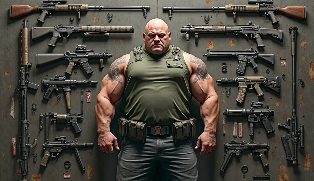 A muscular burly headed plontos, wearing security uniform, standing in front of camera. In front of him there are many weapons such as shotguns, basoka, military knife, pistol, long barrel guns, Grenade, tnt, and all military weapons. The arms of the weapo...