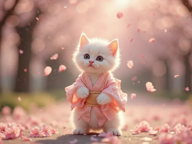 A highly detailed, ultra-realistic photograph of an adorable baby white kitten standing on its hind legs in a serene park during cherry blossom season. The kitten’s fur is soft, fluffy, and pure white, illuminated by gentle sunlight filtering through the d...