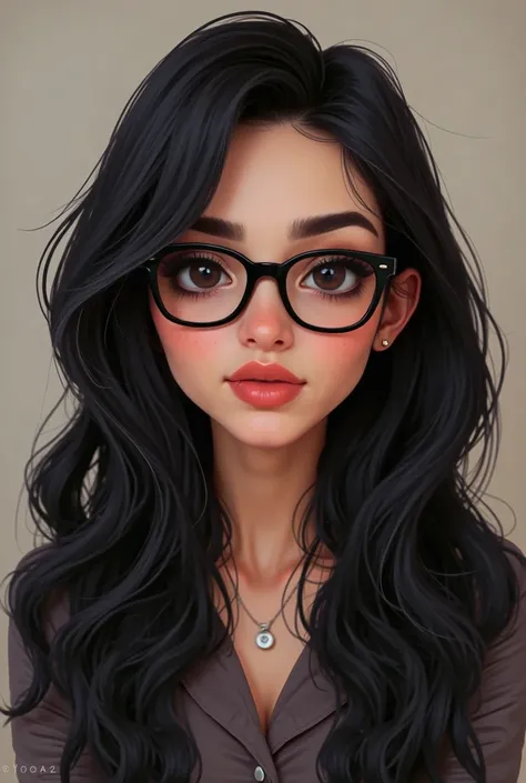 me want an avatar with my characteristics, long dark hair below the shoulders, no bangs , me wear cat-eye glasses, black frame, My skin is mature, my face is rounder, me have black eyes,   fleshy lips  , me&#39;beautiful.