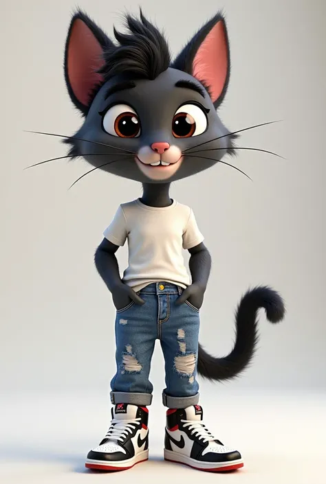 ** *"A 3D mascot character of a feline (Cat) adolescent anthropomorphic, friendly, Charismatic and Happy.  wearing a three-dimensional , slightly leaning forward with spiky hair.  dressed in a t-shirt , ripped blue jeans with knee details and Air Jordan sn...