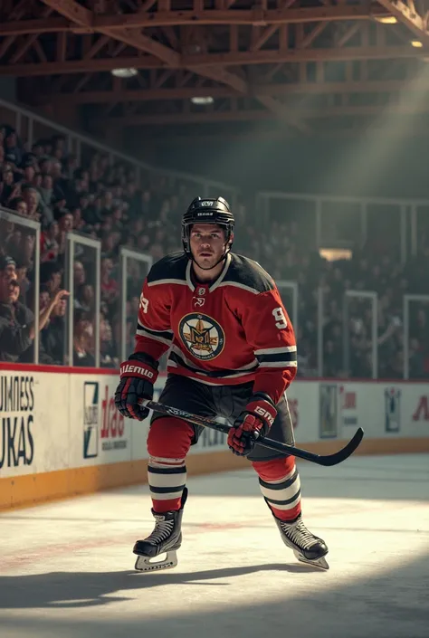 Professional Hockey player wearing a hockey uniform for Guinness Beer in colors inside a small arena 