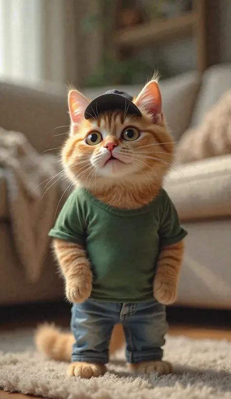 "A realistic beige cat is standing in the middle of a room, looking visibly frightened.  he wears a green t-shirt, jeans and a slightly slanted black cap.  His eyes are wide ,  and his slightly lowered ears , conveying an expression of surprise or fear.  H...