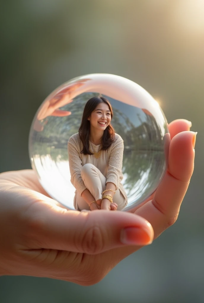 In the palm of the hand there is an Asian woman sitting smiling, background, clear ball of illuminated white glass, clear picture and face, render 3d,  photography