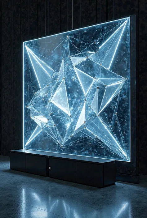 Ultra-modern geometric-designed LCD wall with built-in crystal elements, hidden LED backlights, and a suspended black storage unit, giving a futuristic and elegant touch."