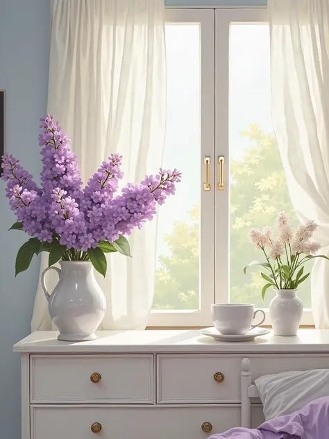  White Dresser 、 female 1、Look into the mirror、Vase、Lilac flowers、4 young men taking pictures in their room on a spring day 、A gentle breeze through a white window、white curtains, Quiet space、 illustrations