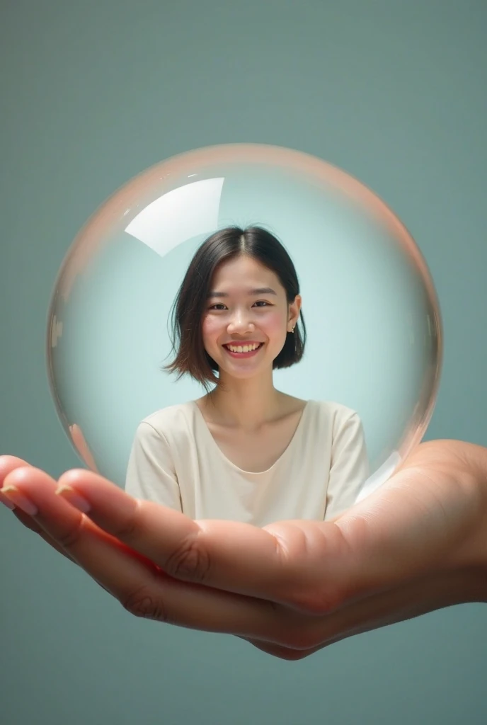 In the palm of the hand there is an Asian woman sitting smiling, background, clear ball of illuminated white glass, clear picture and face, render 3d,  photography