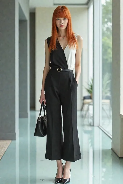 A front view Scandinavian model with full lips with ginger long straight silk press bang hair  wearing a black and white sleeveless pallazo jumpsuit with black cover heel holding a black triangular shaped handbag standing on a glass floor in her bright off...