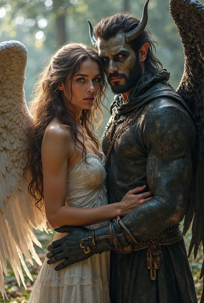 Create a Prompt: create a portrait of a couple, an angel and a demon, looking at the camera in full detail, holding the partner's waist, intimidating glances, dramatic scenes, sharp and shiny colors, fantasy setting, detail, HD quality