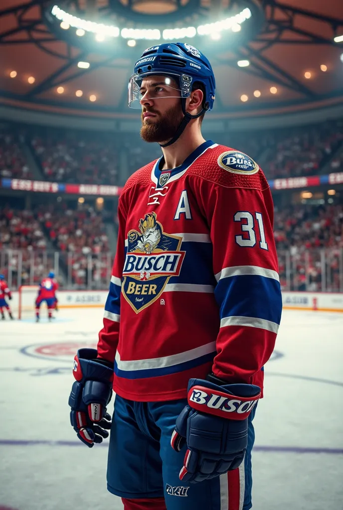 Professional Hockey player wearing a hockey uniform for Busch beer in colors inside a small arena 