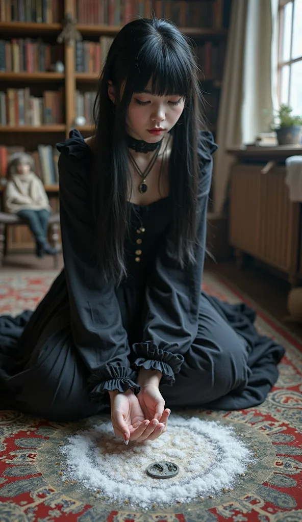 pretty girl with black hair and very white skin wearing a gothic lolita dress, her hair is black, straight and has bangs, she is in her gothic tim burton style room, she is performing a magic ritual on the floor of her room, making a magic circle with salt...