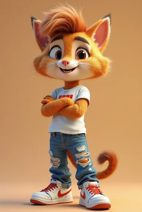 ** *"A 3D mascot character of a feline (Cat) adolescent anthropomorphic, friendly, Charismatic and Happy.  wearing a three-dimensional , slightly leaning forward with spiky hair.  dressed in a t-shirt , ripped blue jeans with knee details and Air Jordan sn...